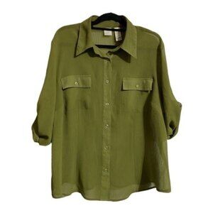 Emma James Women's Shirt Button-Front Crepe Sheer Collared Green Size 20W Plus